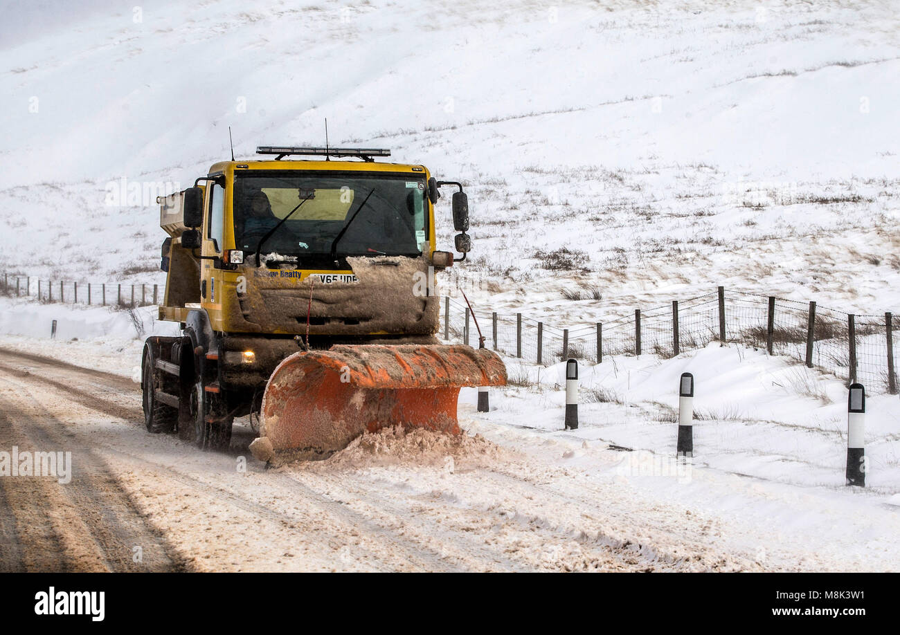 A snow plough on Blackstone Edge near Littleborough in Greater Manchester where snow fell overnight as the wintry snap dubbed the 'mini beast from the east' keeps its grip on the UK. Stock Photo