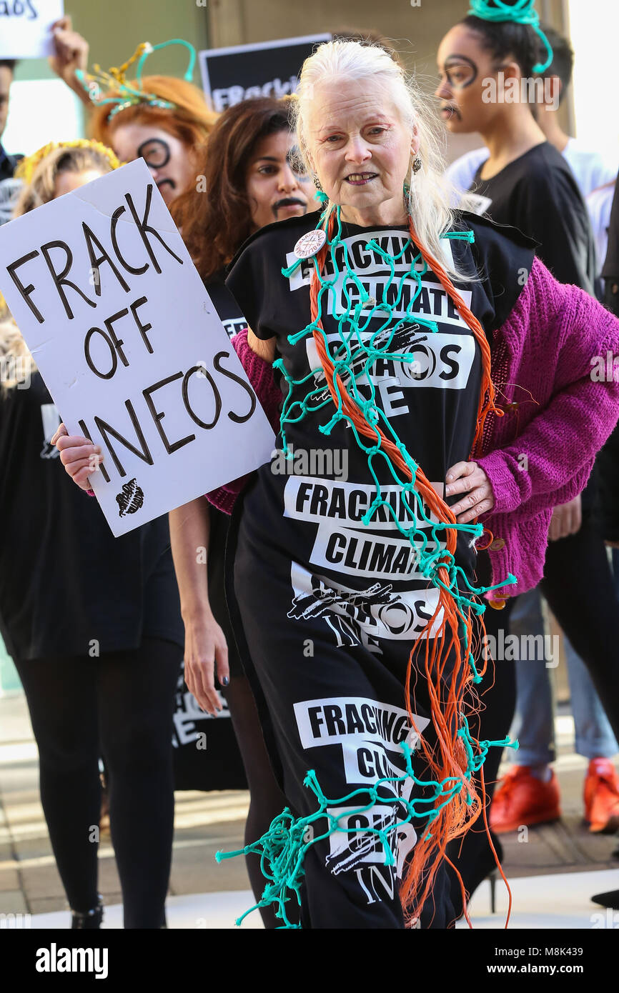 Dame Vivienne Westwood with her son, Joseph Corré alongside London Fashion Week models and activists take part in an anti-fracking protest catwalk show to launch INEOS Fashion outside INEOS head office in Hans Crescent, Knightsbridge.  INEOS is an offshore, international, petrochemical company with an abysmal track record in environmental pollution. This major fracking company will use fracked gas in the UK as a feedstock to produce millions of tonnes of polluting plastics.  Featuring: Dame Vivienne Westwood Where: London, United Kingdom When: 15 Feb 2018 Credit: WENN Stock Photo