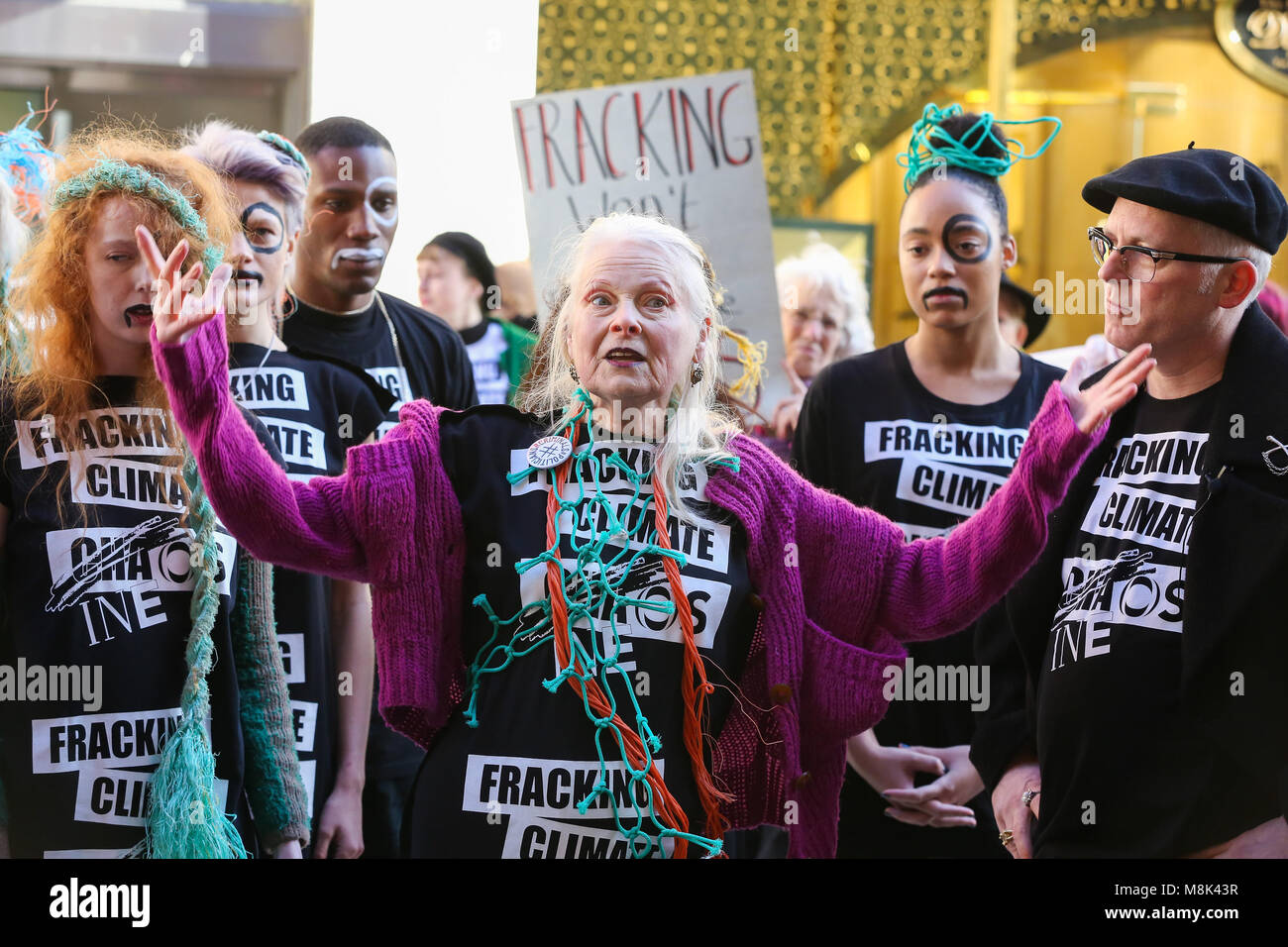 Dame Vivienne Westwood with her son, Joseph Corré alongside London Fashion Week models and activists take part in an anti-fracking protest catwalk show to launch INEOS Fashion outside INEOS head office in Hans Crescent, Knightsbridge.  INEOS is an offshore, international, petrochemical company with an abysmal track record in environmental pollution. This major fracking company will use fracked gas in the UK as a feedstock to produce millions of tonnes of polluting plastics.  Featuring: Dame Vivienne Westwood, Joseph Corré Where: London, United Kingdom When: 15 Feb 2018 Credit: WENN Stock Photo