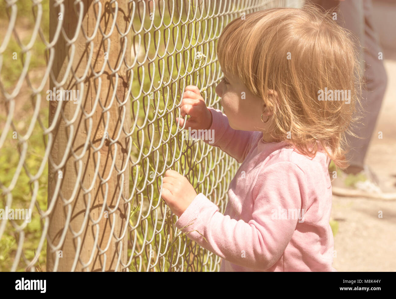 Little blonde girl holding with both hands a metal fence on a beautiful sunny day Stock Photo
