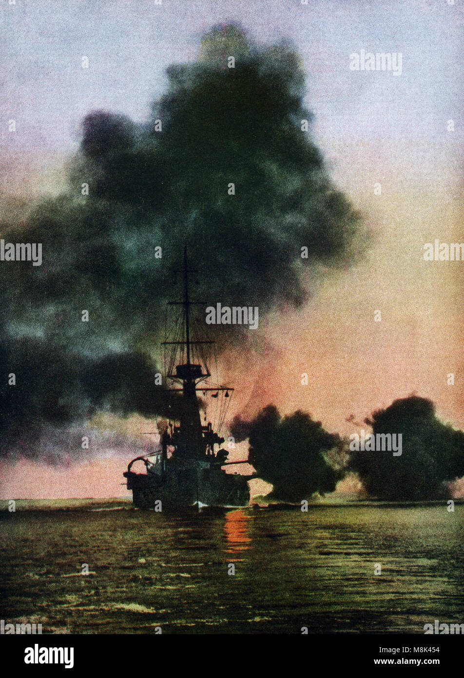 This illustration dates to around 1917, the time of World War I. Its caption reads:British ship in action in the Dardanlles. The Dardanelles Campaign by the British, French, Russian, and Australian navies against the Ottomans took place between February 1915 and January 1916. The Ototmans prevailed and this campaign was followed by the Gallipoli Campaign. Stock Photo