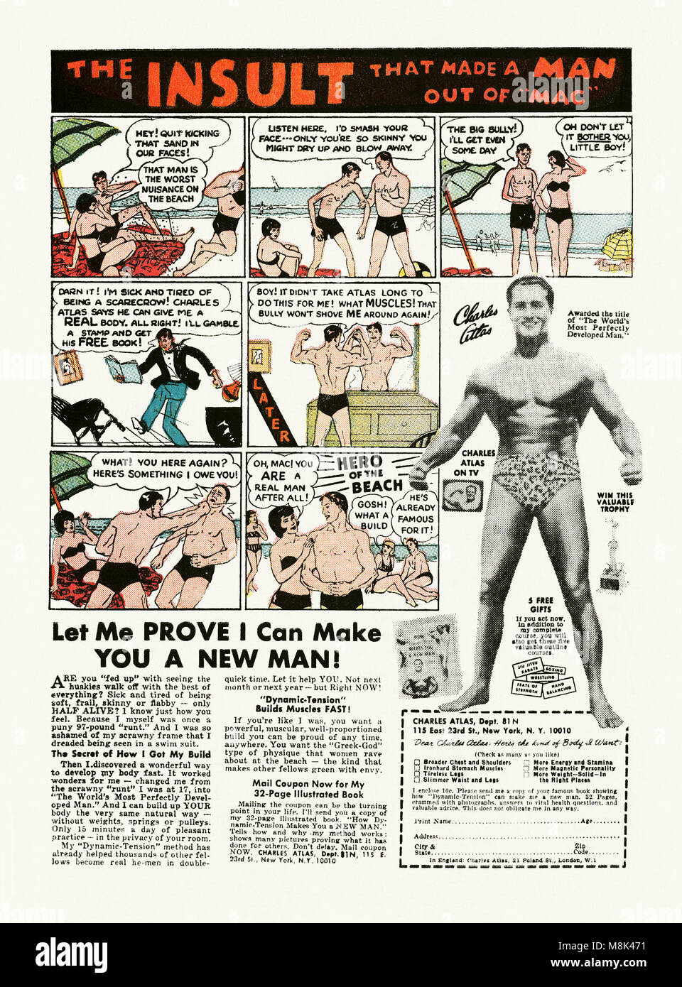 A 1974 advert for body building techniques by Charles Atlas. Here a comic strip depicts a beach scene featuring a bully kicking sand in a 'weakling's' face - this is the catalyst for taking action to improve to a far more 'manly' physique. The advertising campaign featuring his name and body was possibly one of the longest-lasting campaigns of all time. Atlas trained himself to develop his body from that of a 'scrawny weakling', eventually becoming the most popular bodybuilder of his day Stock Photo