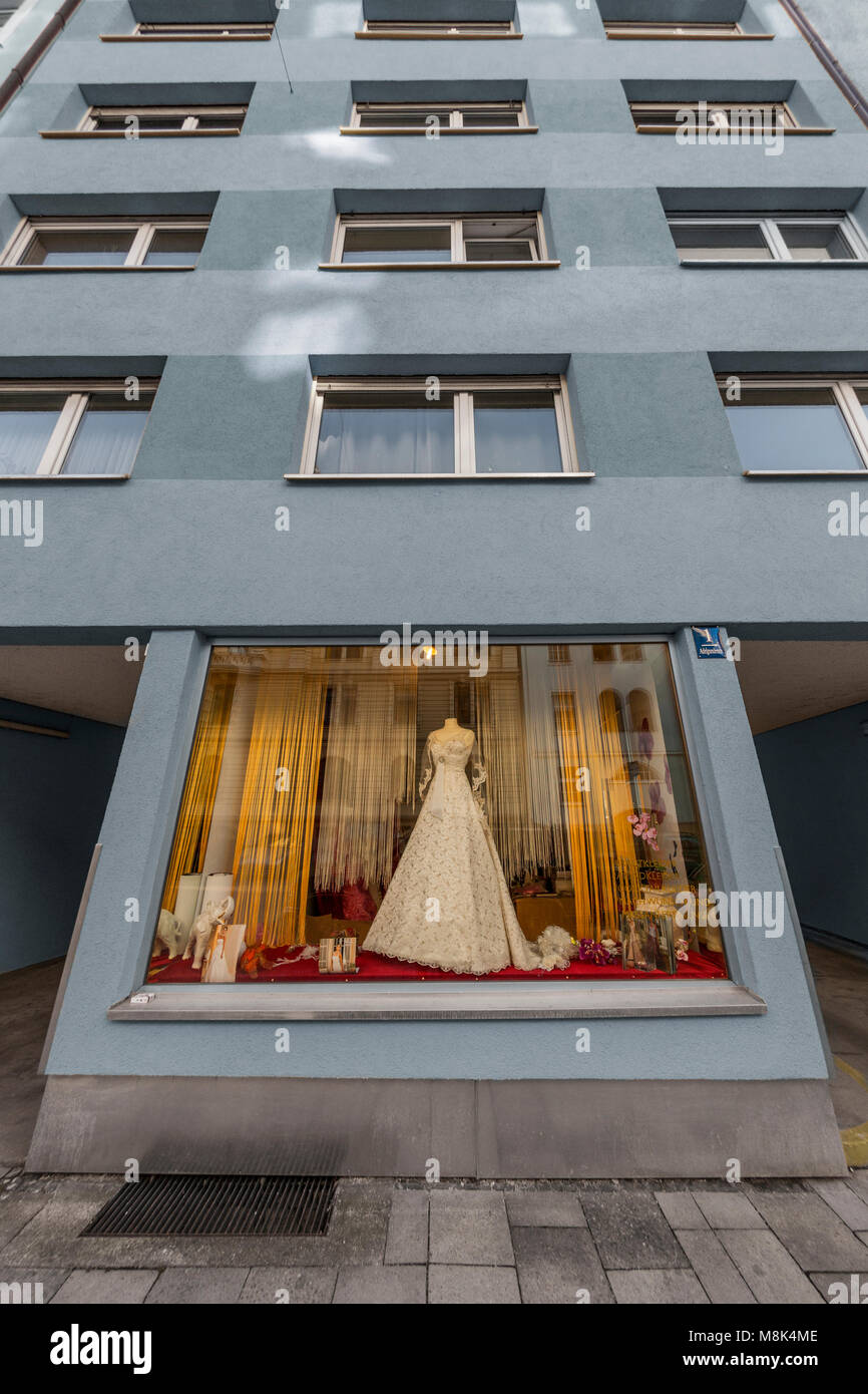 Bridal shop in Munich, Germany. A wedding dress is displayed in the
