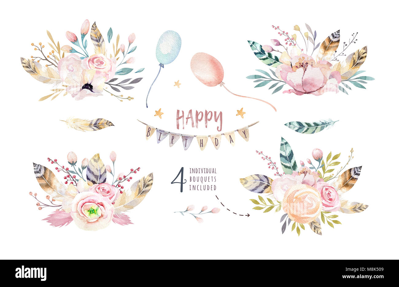 Boho Set Vintage Watercolor Elements Of Flowers Garden And Wild Flowers Leaves Branches Flower Illustration Isolated Bird And Feathers Bohemian Stock Photo Alamy