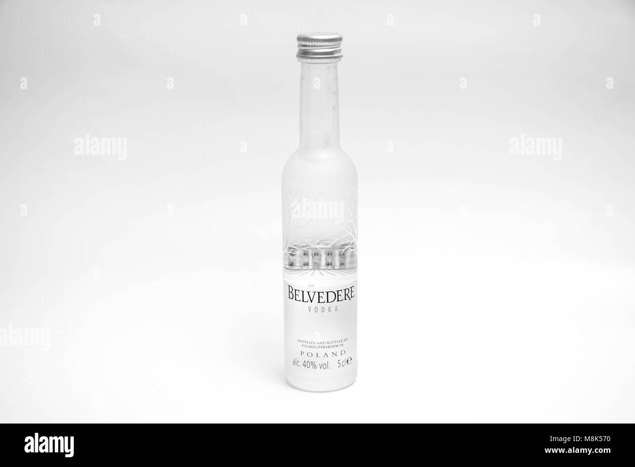 Geneva / Switzerland - March 19 2018 :  Belvedere Vodka bottle mini logo brand shot glass Stock Photo