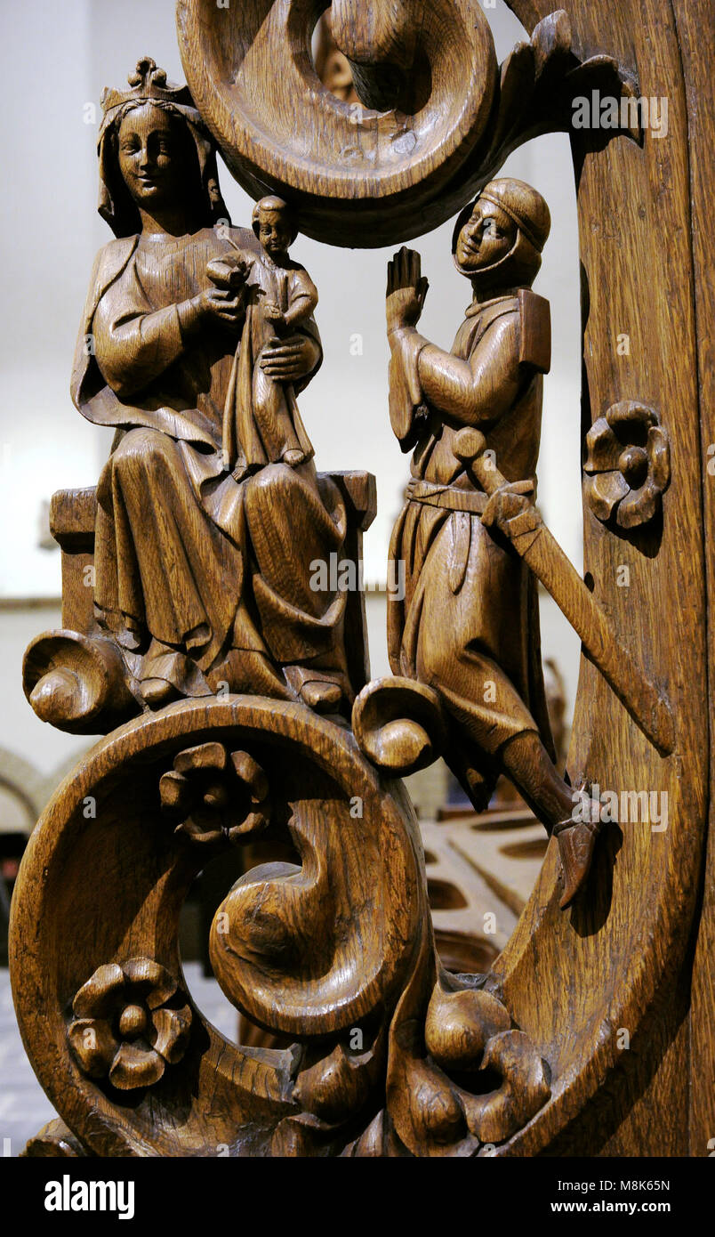 Choir Stalls of the former Collegiate Church of St. George from Wassenberg on the Lower Rhine, Germany, c. 1298. Oak.  Detail. Museum Schnütgen. Cologne, Germany. Stock Photo