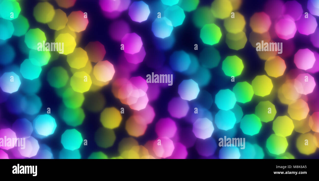 Rainbow Pentagon Shapes Bokeh Background. Abstract Figure Night Lights Texture. Abstract Glowing Forms Backdrop. Stock Photo