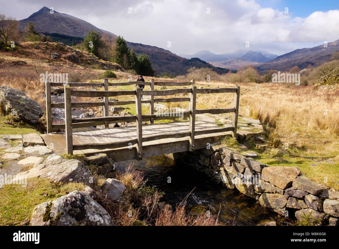 Wooden footbridge crossing a stream on a public path footpath in Snowdonia National Park near Capel Curig, Conwy county, Wales, UK, Britain Stock Photo