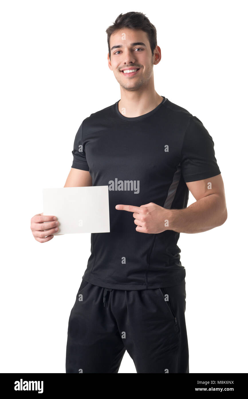Male Personal Trainer Holding an Empty Card, isolated in white Stock Photo