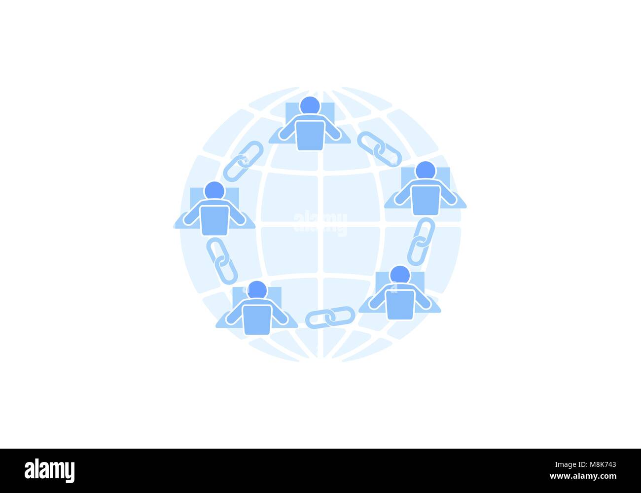 Blockchain link sign connection flat design. Internet technology chain icon hyperlink security business network concept. Blue futuristic style wire connected point vector illustration Stock Vector