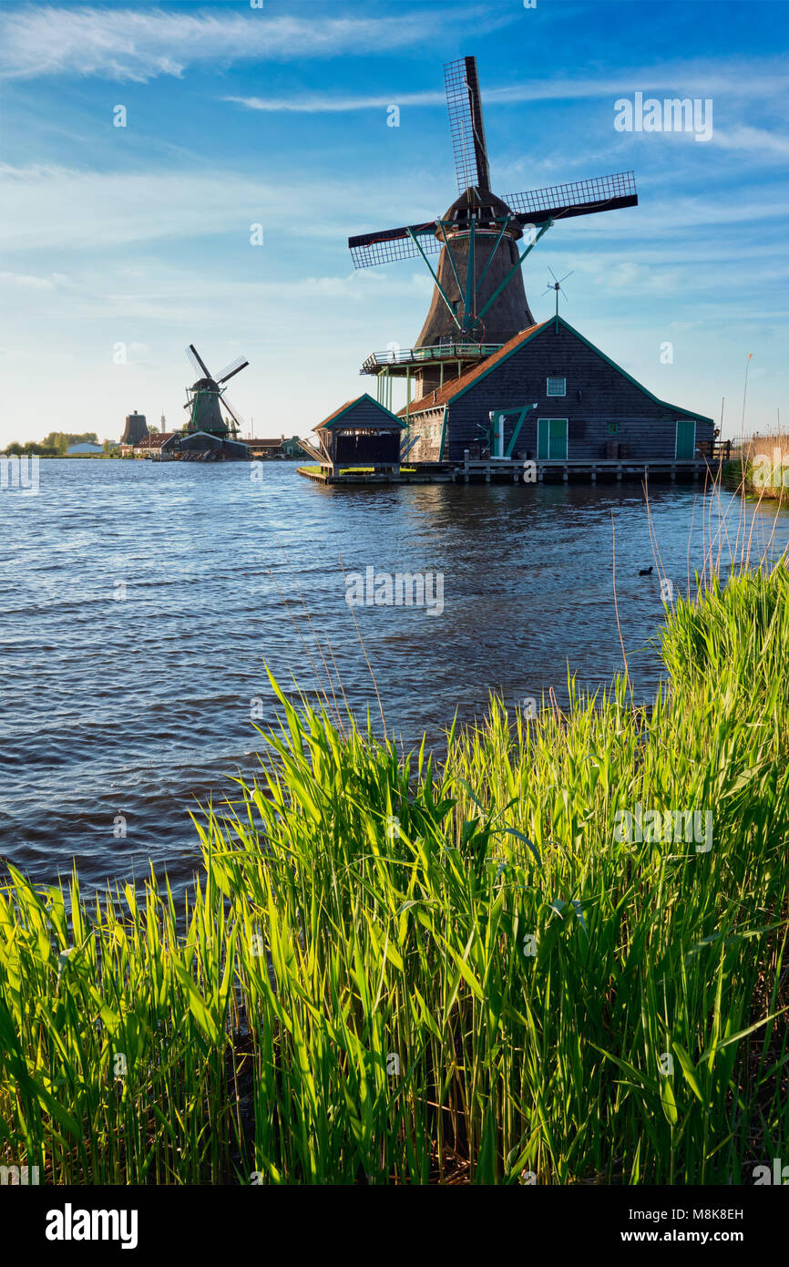 Windmills at Zaanse Schans in Holland on sunset. Zaandam, Nether Stock Photo