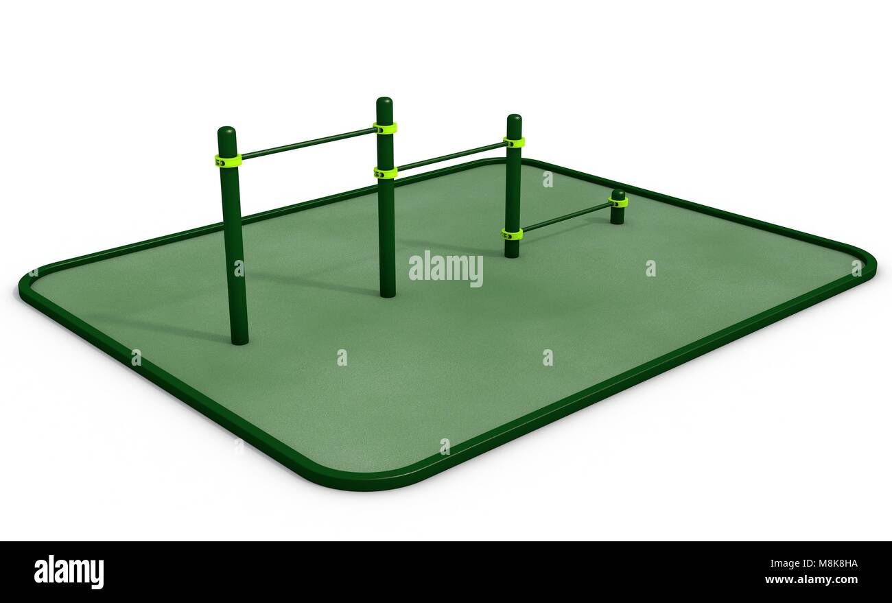 Parallel green bars at sports ground for workout on the white