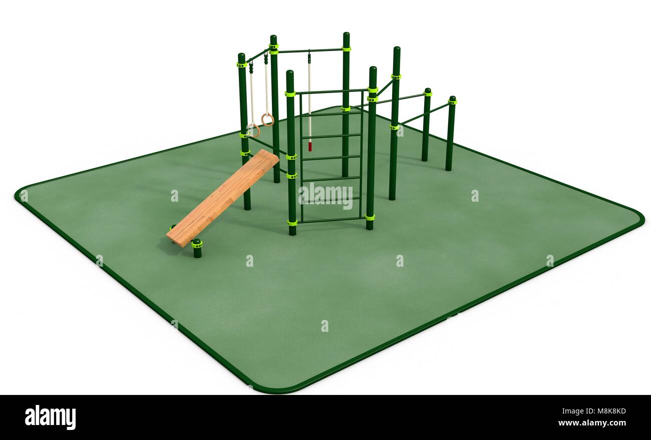 Parallel green bars at sports ground for workout on the white