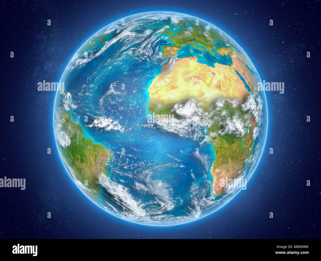 Sierra Leone in red on model of planet Earth with clouds and atmosphere ...
