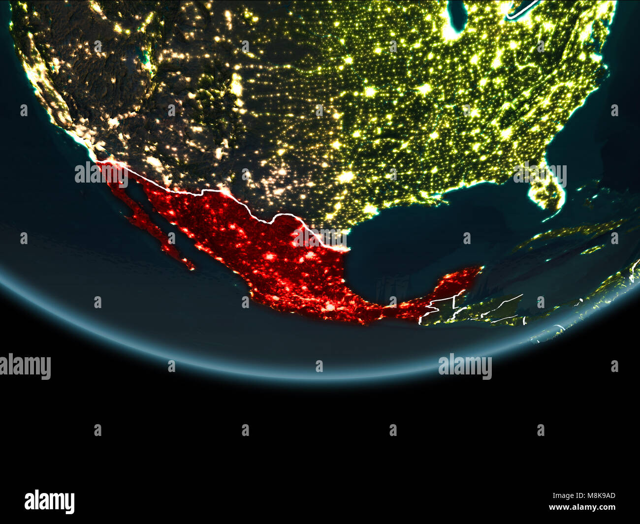 Mexico highlighted in red on planet Earth at night with visible borders ...