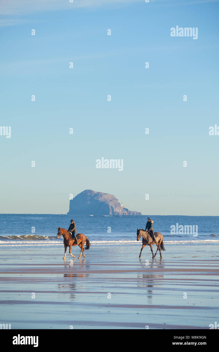 Two horse riders riding their horses on the beach at North Berwick