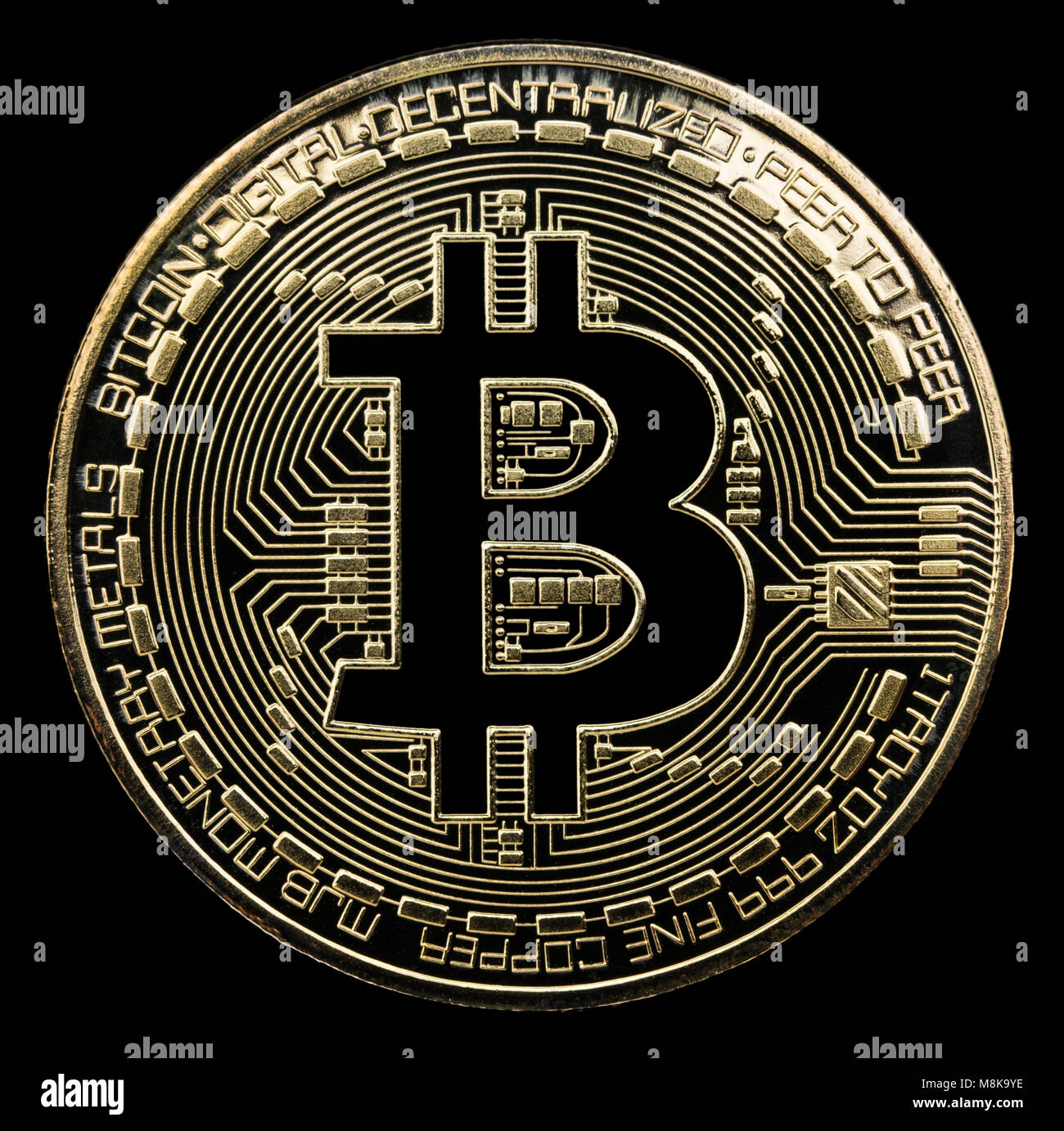 Bitcoin. Physical bit coin. Digital currency. Cryptocurrency. Golden coin  with bitcoin symbol on black background Stock Photo - Alamy