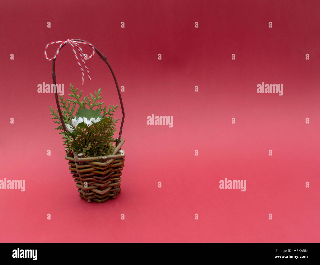 Basket with snowdrops, martisor. Mothers Day, cord white and red isolaten on red background Stock Photo