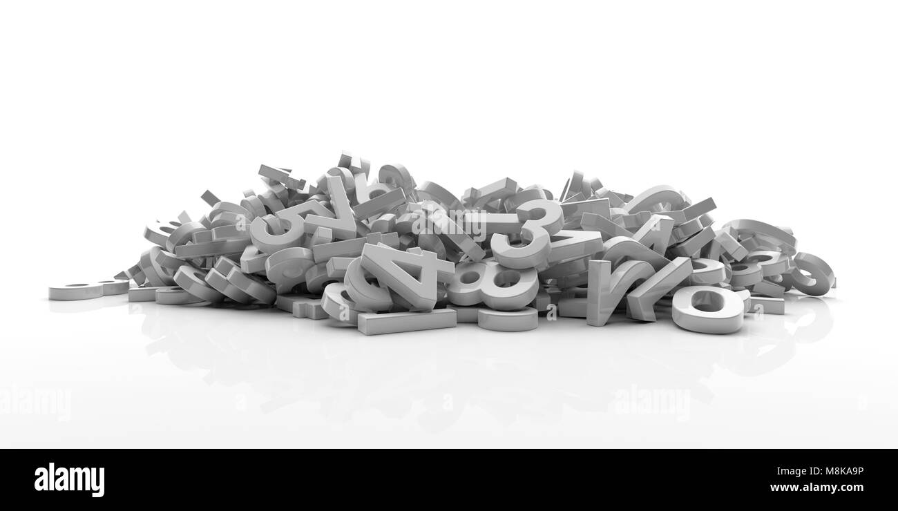 Education, maths, calculation concept. White figures numbers bunch isolated on white background, banner. 3d illustration Stock Photo