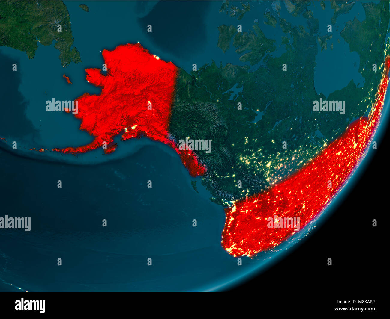 Night view of USA highlighted in red on planet Earth with atmosphere ...