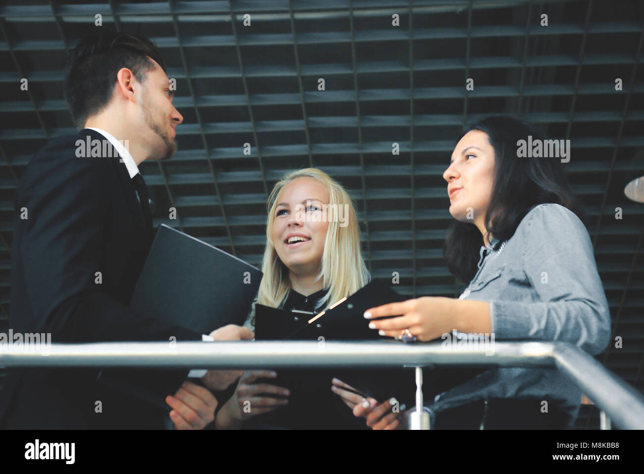 close up.group of business people talking on the balcony of the office Stock Photo