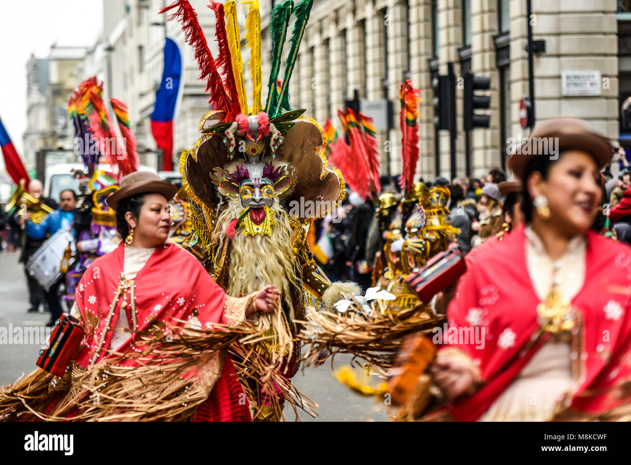 Morenada Bloque Kantuta Bolivian folk group extravagantly dressed dancers in the St. Patrick's Day Parade London 2018 Stock Photo
