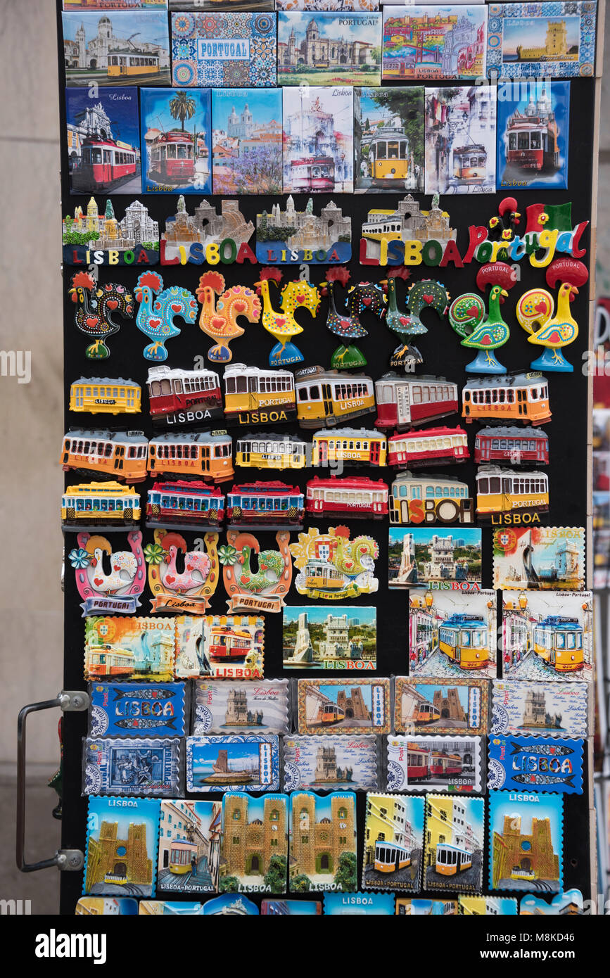 Fridge magnet type souvenirs on sale in Lisbon, Portugal Stock Photo