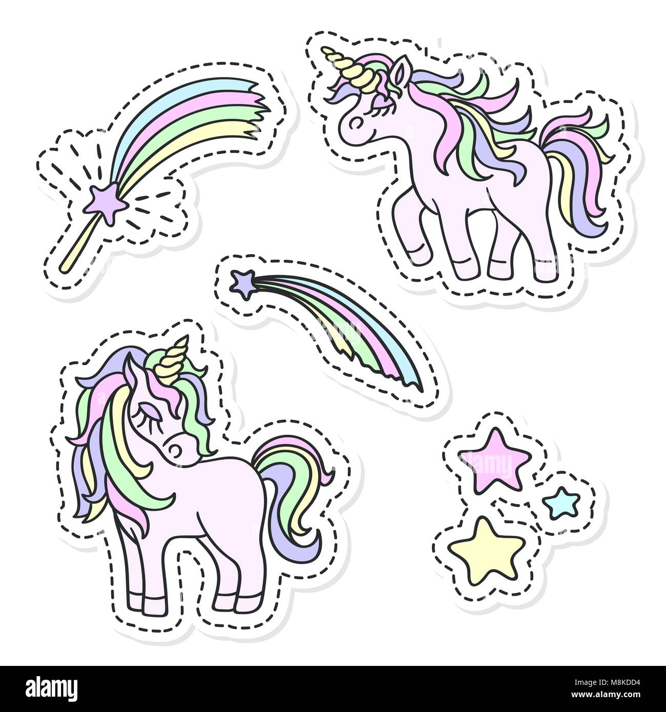 Unicorn, rainbow, stars, magic wand vector sticker set Stock Vector