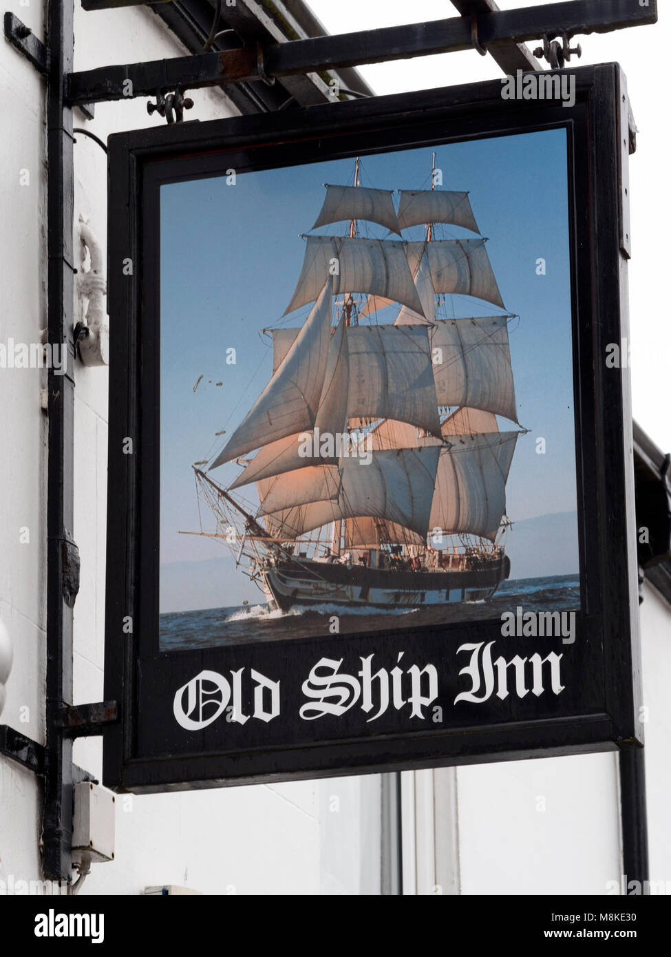 Old Ship Inn hanging sign, 90 St John Street, Bridlington, Yorkshire, England, UK. Stock Photo