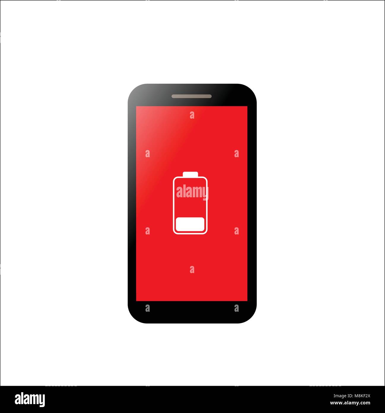 Mobile phone low battery with red screen concept. Smartphone and low