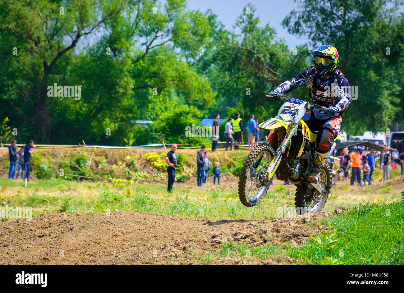 Uzhgorod, Ukraine - May 21, 2017: Dirt Bike Jumping. TransCarpathian regional Motocross Championship Stock Photo