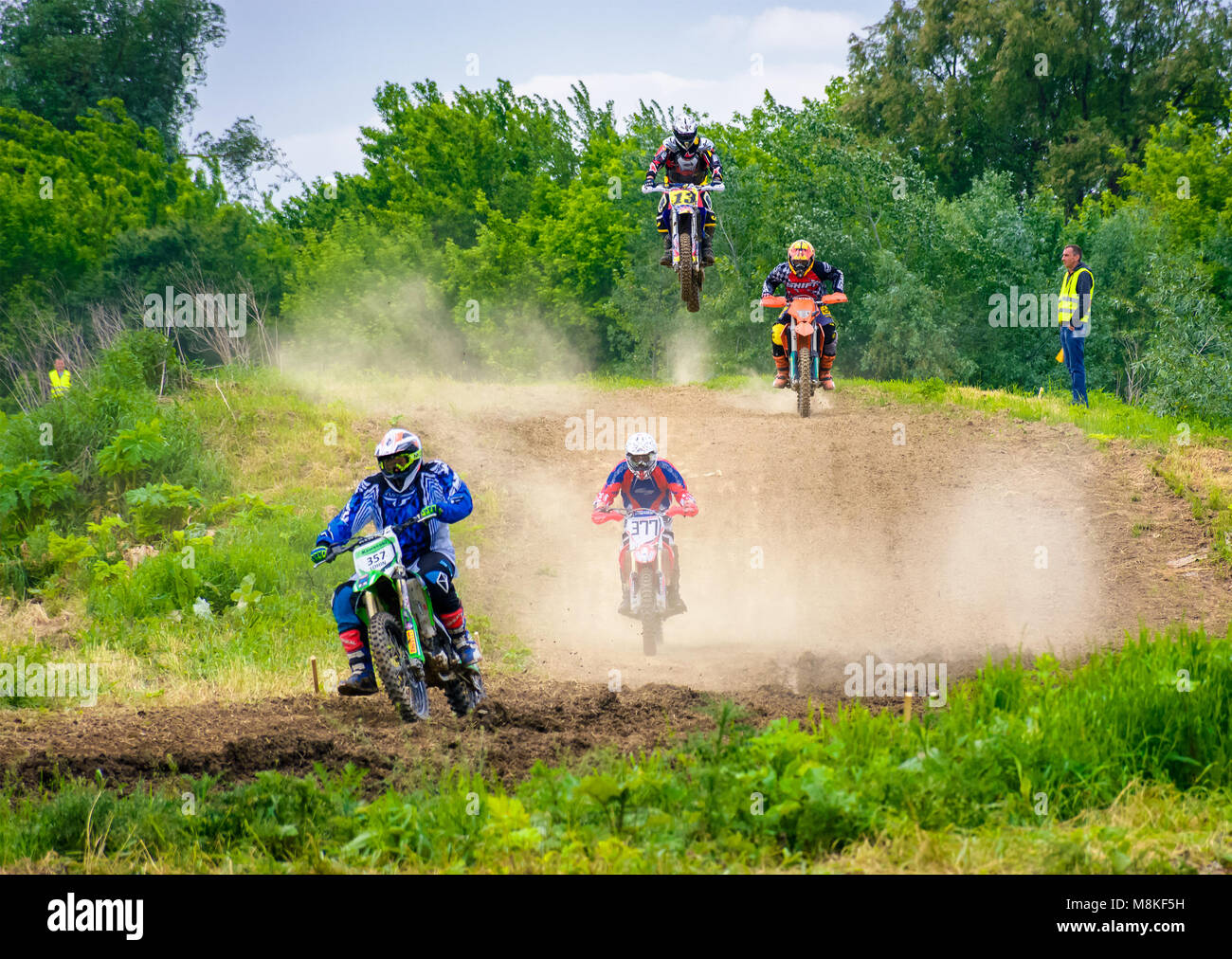 Uzhgorod, Ukraine - May 21, 2017: Extreme enduro MOTO SPORT Rider in the action. TransCarpathian regional Motocross Championship Stock Photo