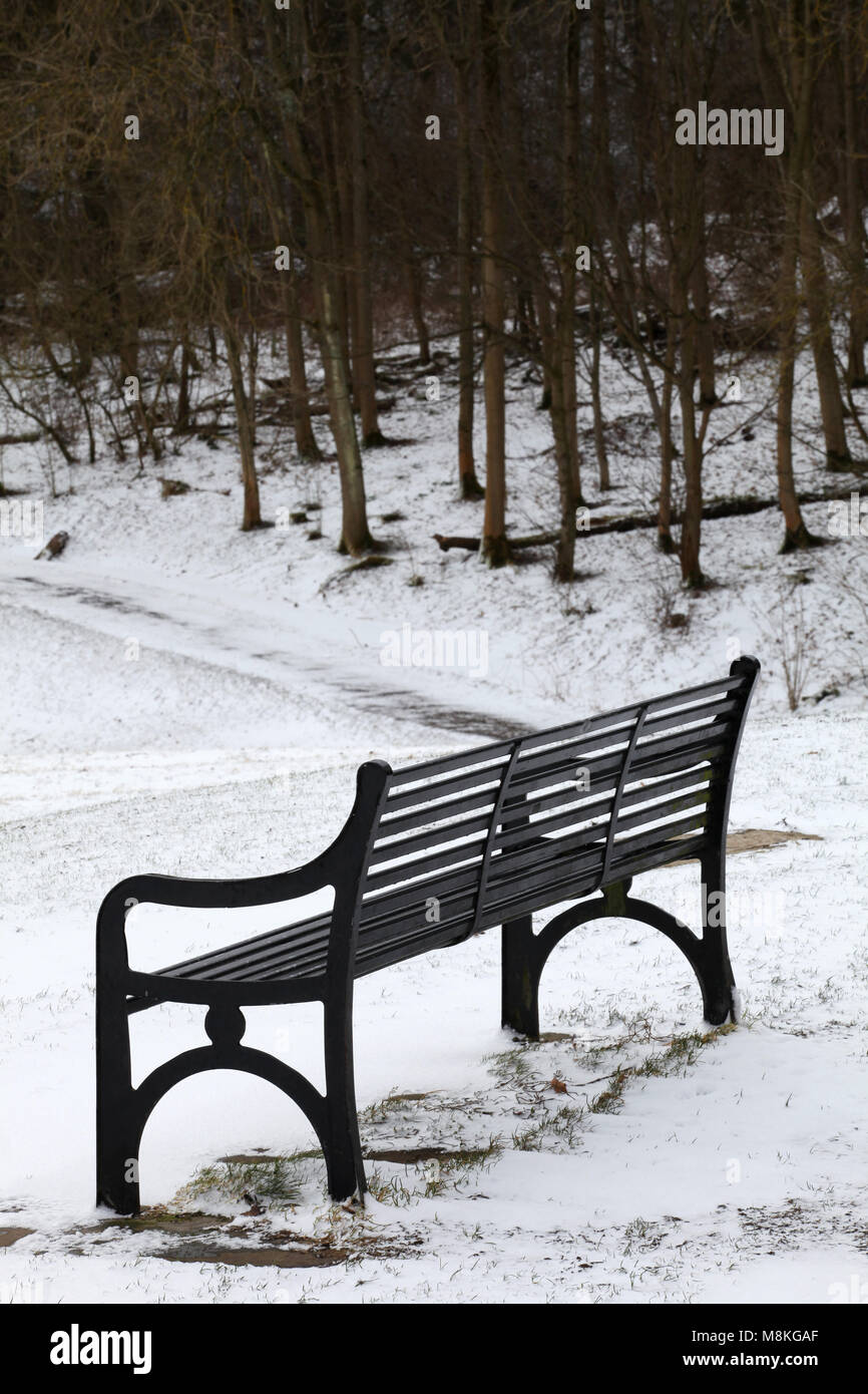 A park bench sitting in an empty park on a snowy day Stock Photo - Alamy