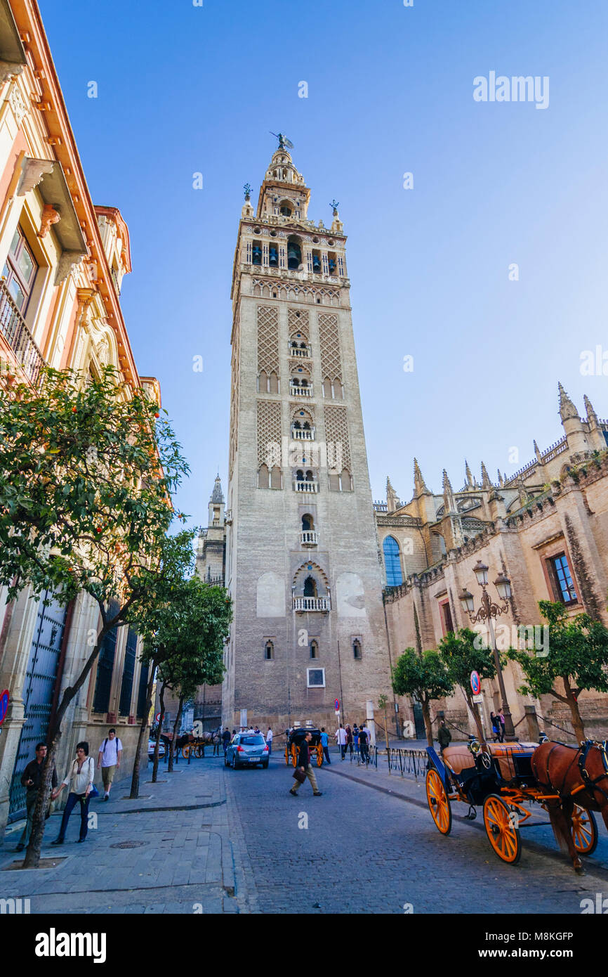 Seville, Andalusia, Spain : Unesco listed Giralda bell tower as seen from Placentines street in Santa Cruz district. Stock Photo