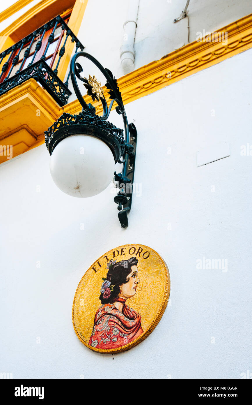 Seville, Andalusia, Spain : Sign of El 3 de Oro bar and restaurant in Santa Cruz district. Stock Photo