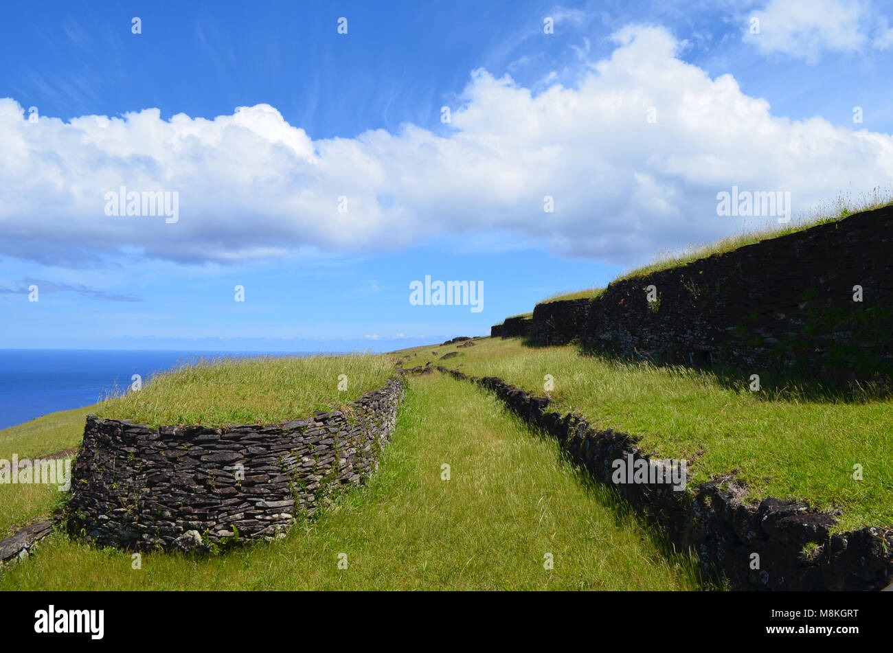 Orongo ceremonial village near the caldera of Rano Kao volcano, Rapa ...