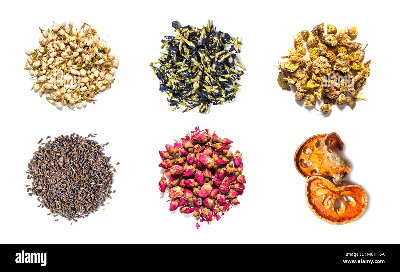 Flower and herbal tea collection isolated on white background. Stock Photo