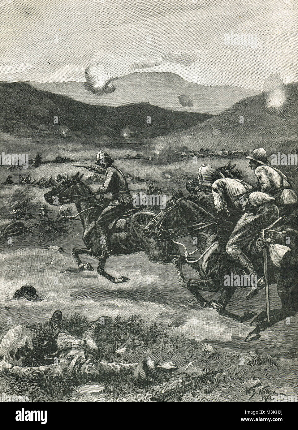 Lieutenant Frederick Roberts, saving the guns, Battle of Colenso, 15 December 1899.  (Roberts was mortally wounded, and posthumously awarded the Victoria Cross) Stock Photo