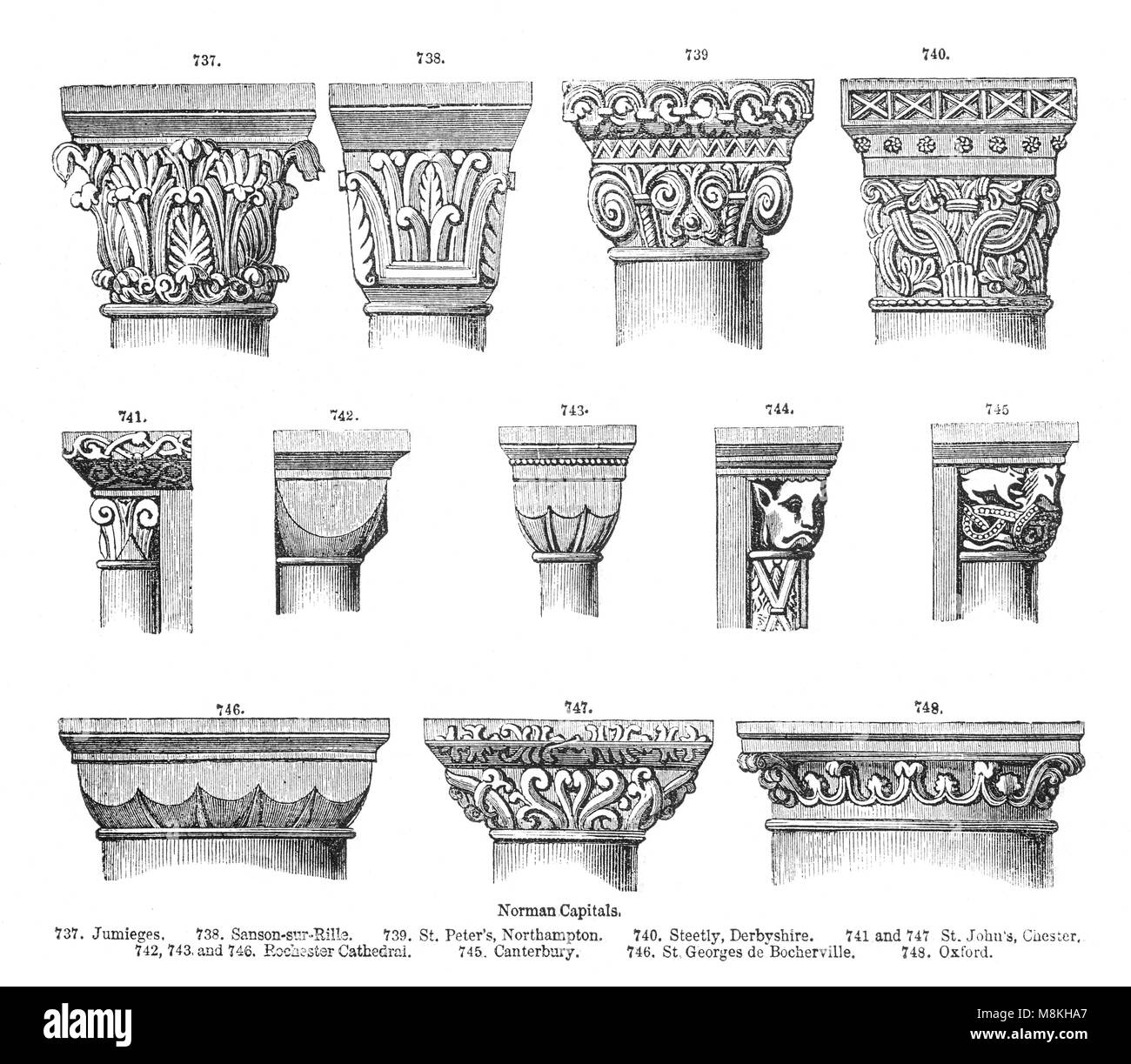 An architectural drawing of Norman Romanesque Capitals. A capital is the wide crown to a column or pilaster, designed to create a base offering structural support to an arch. Capitals were often embellished with highly decorative carvings.   Capitals have several distinct sections. At the top is a broad, flat section called an abacus. This can be unadorned, curved, or moulded. Below the abacus is a more slender section called the necking, tapering down to the shaft in a form loosely resembling an uptured bell. The necking is often joined to the column shaft by a narrow moulding. Stock Photo