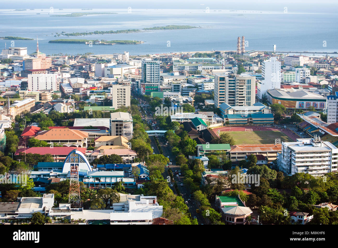 Aerial view of Osmeña Boulevard looking east, with Mactan Channel beyond, Cebu City, Philippines Stock Photo
