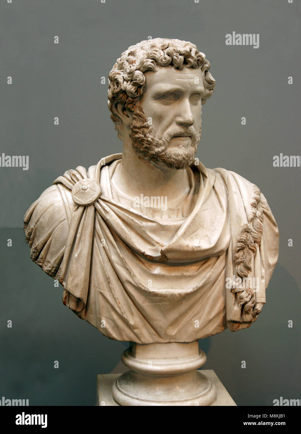 Antoninus Pius (86-161 AD). Roman emperor (138-161AD). Marble bust in military dress, about 140 AD. British Museum, London. Stock Photo