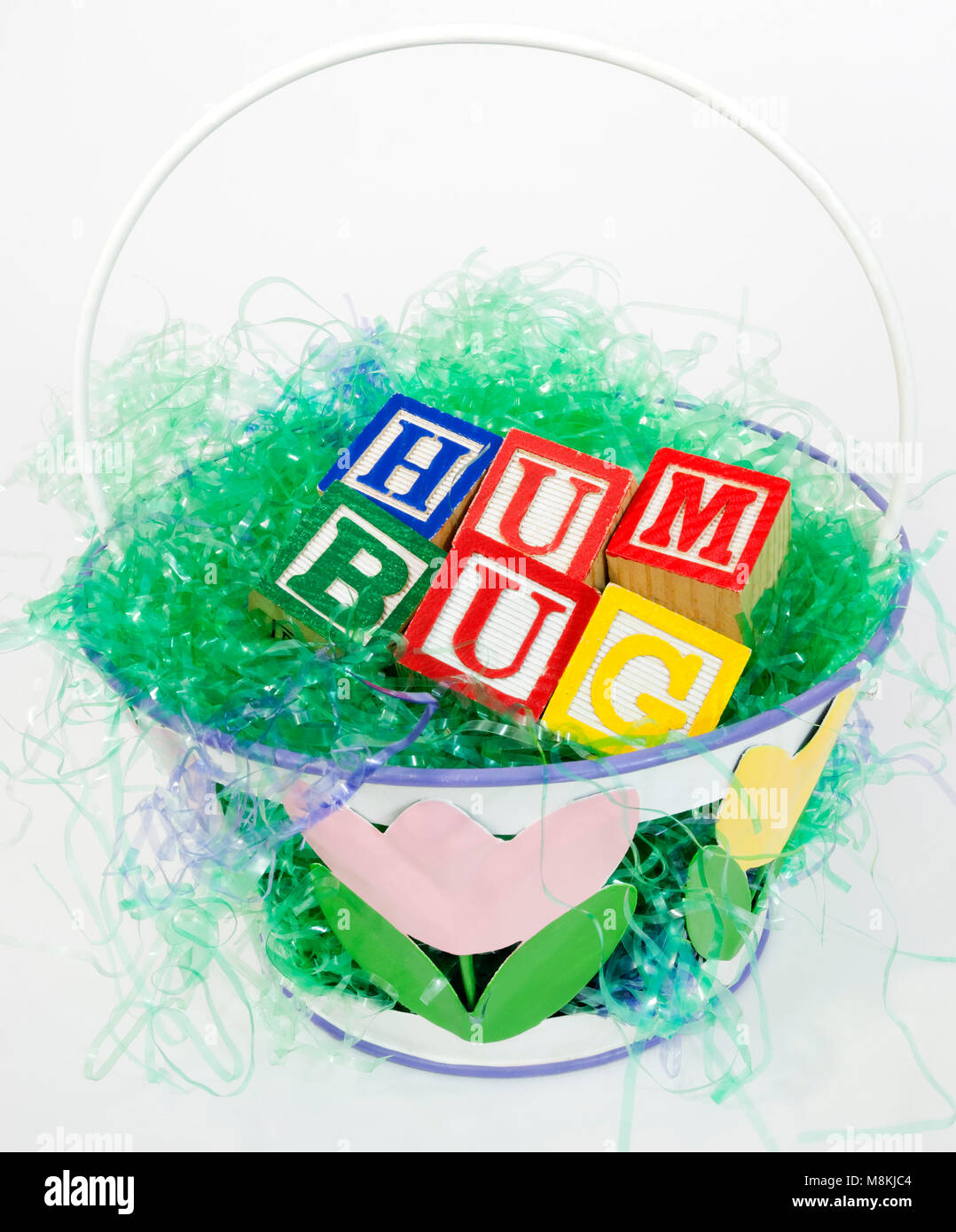 Easter basket filled with grouch's BAH HUMBUG sentiment. Stock Photo