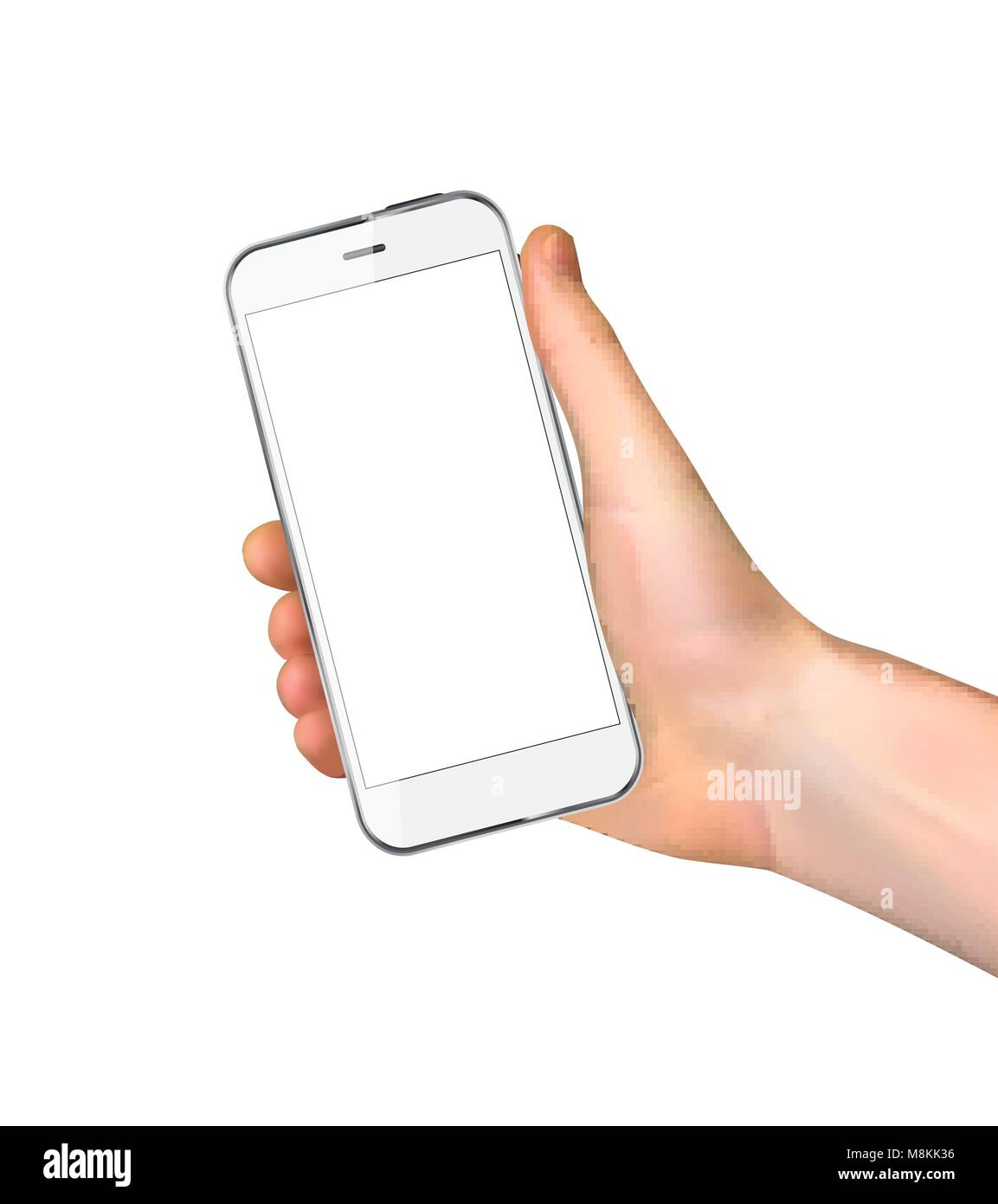 Realistic Hand holding mobile phone isolated on white background ...