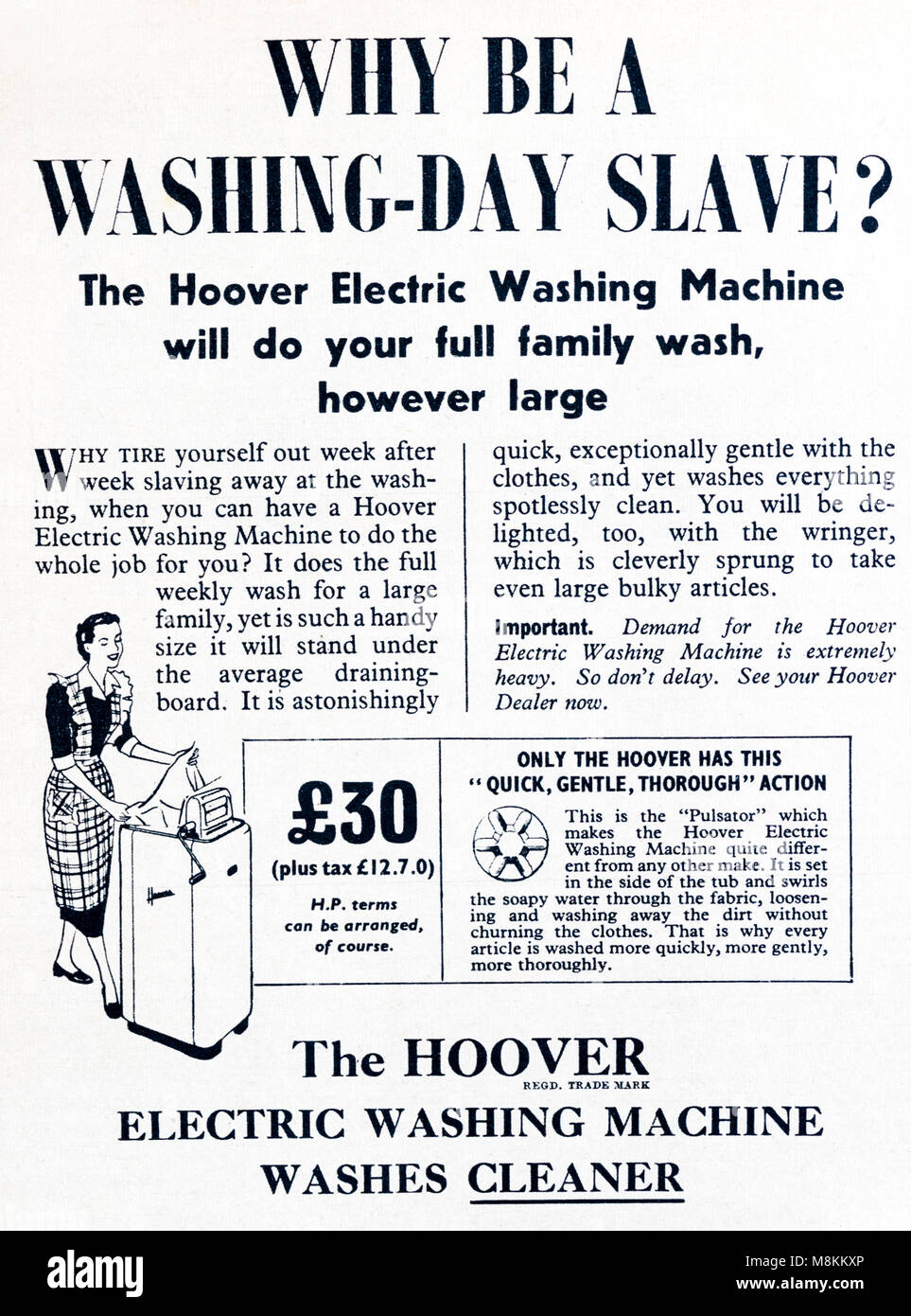 1950s magazine advertisement advertising Hoover washing machines. Stock Photo