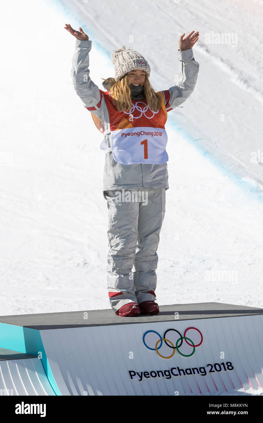 Chloe Kim (USA) wins the gold medal in the Ladies Snowboarding Half ...