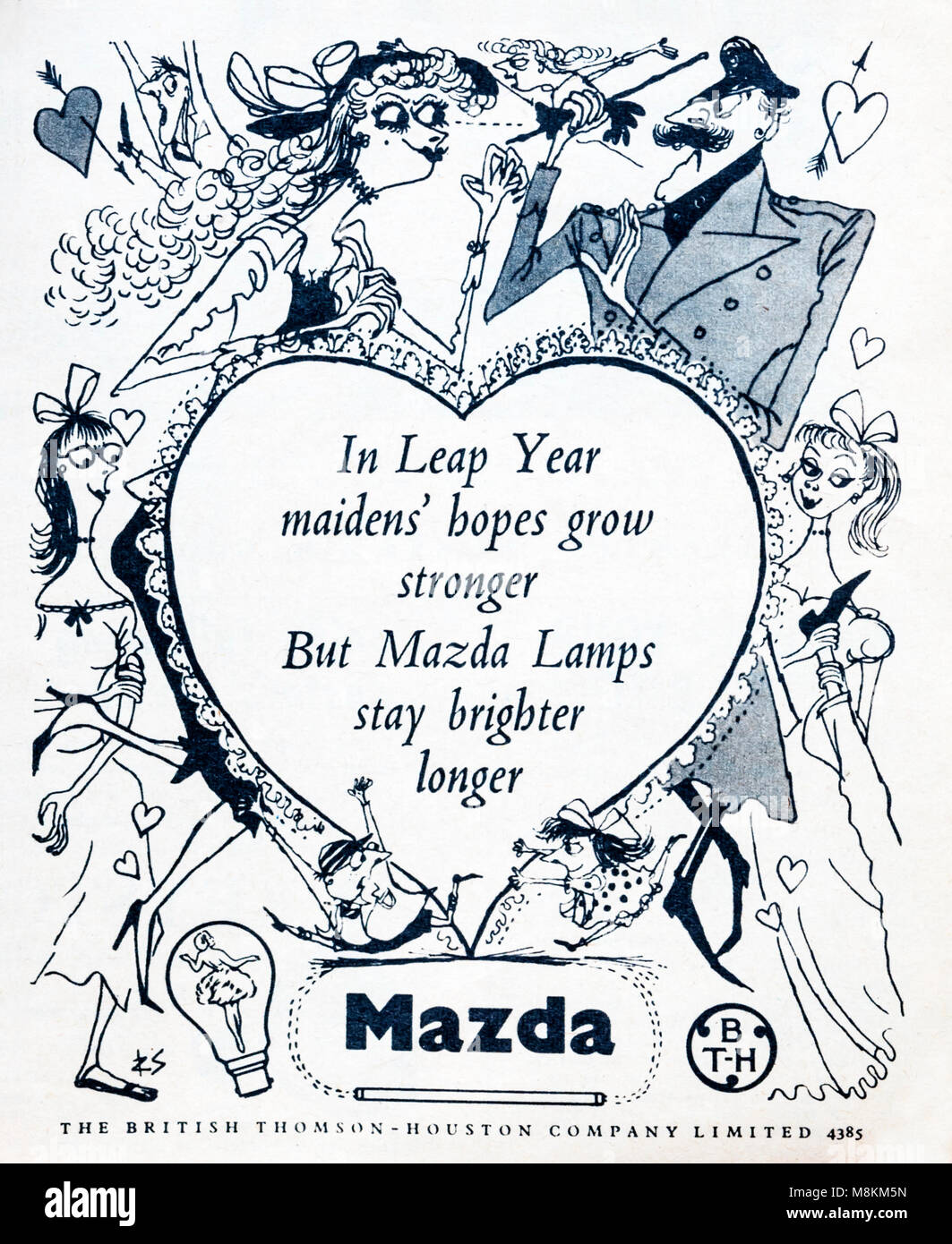 1950s advertisement advertising Mazda light bulbs.  Illustrated by Ronald Searle. Stock Photo