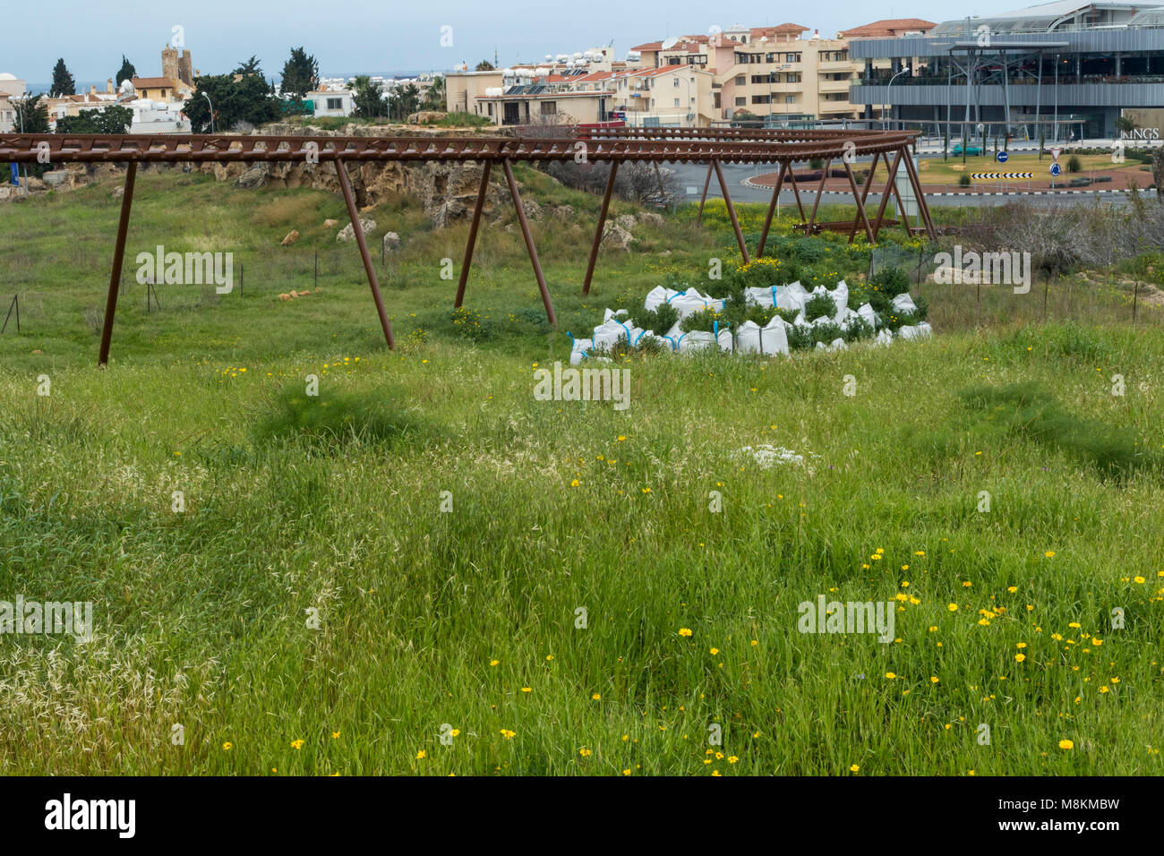 Meadow in Paphos tourist area with monorail in the mid ground and Kings