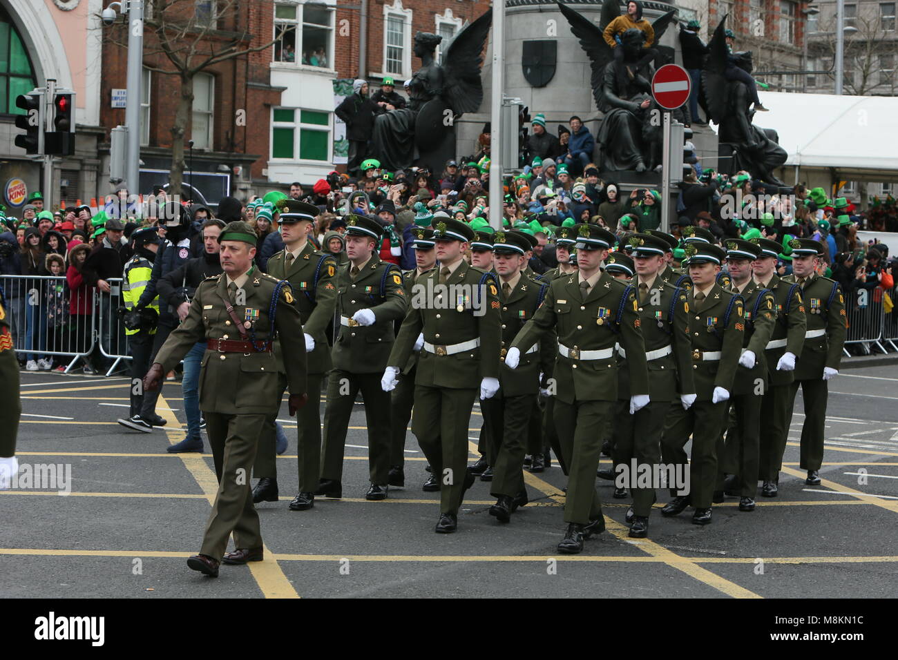 Irish Army Officers march on O'Connell Street. Image from Dublin city centre during the Saint Patrick's Day parade as part of the annual Saint Patrick Stock Photo