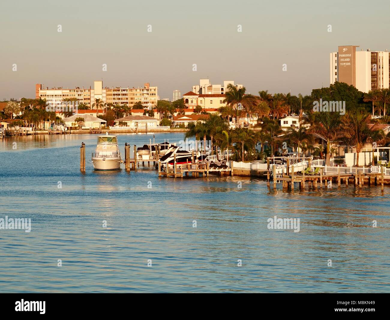 Homes, boats, docks line a waterway at Treasure Island, Florida, USA