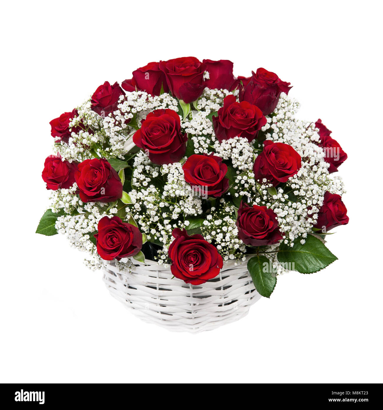 Beautiful basket of red roses at white background isolated Stock Photo -  Alamy